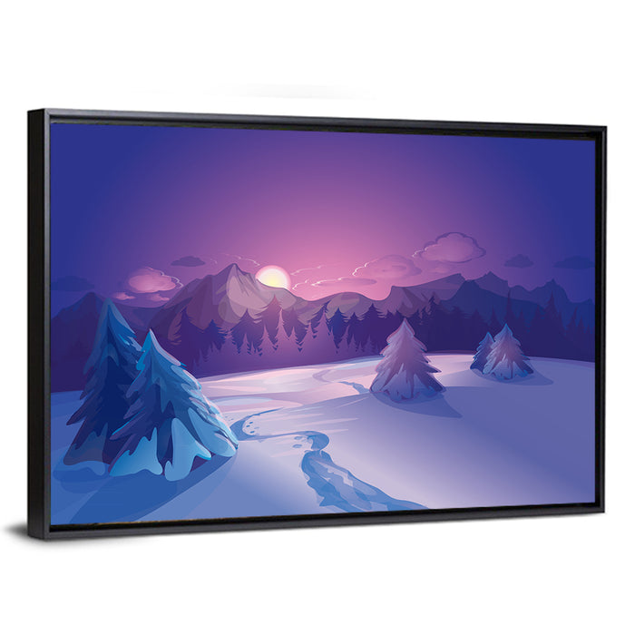 Lavender Winter Mountain Illustration Wall Art as a framed canvas
