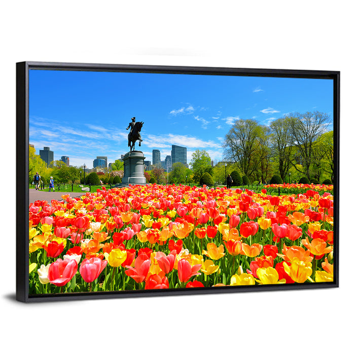 Boston Public Garden Tulips Wall Art as a framed canvas