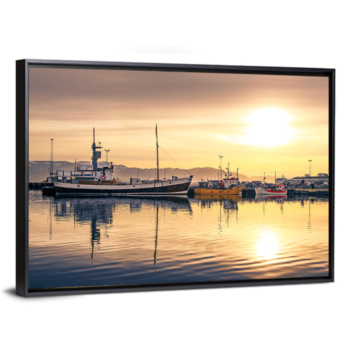 Husavik Harbor at Golden Hour Wall Art as a framed canvas