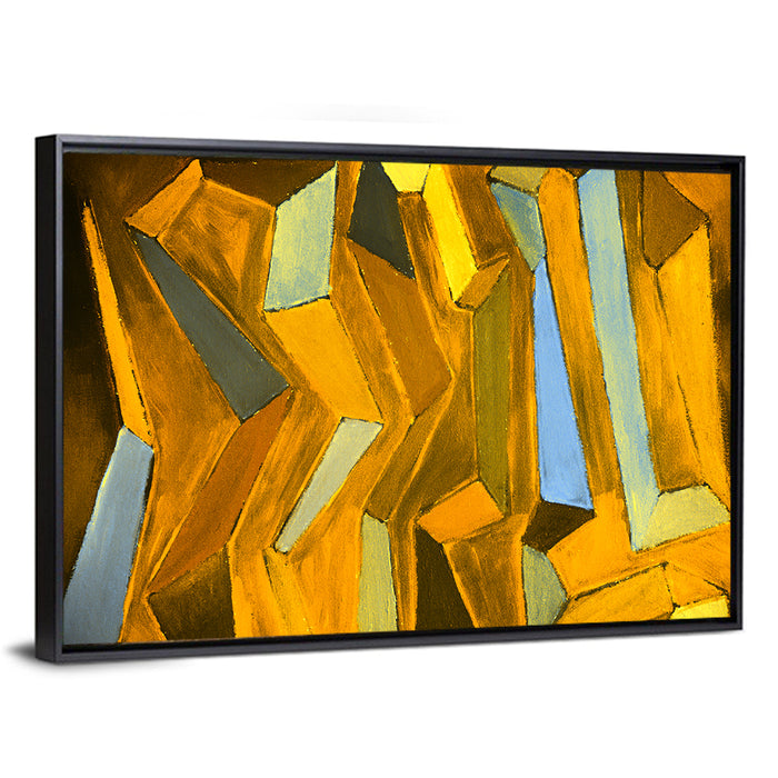 Golden Blocks Abstract Wall Art as a framed canvas