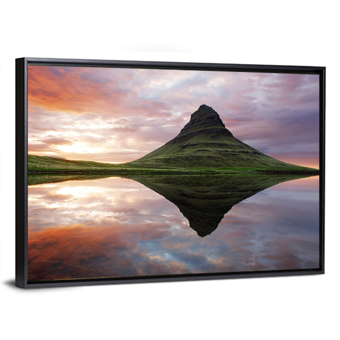 Kirkjufell Sunset Reflection Wall Art as a framed canvas
