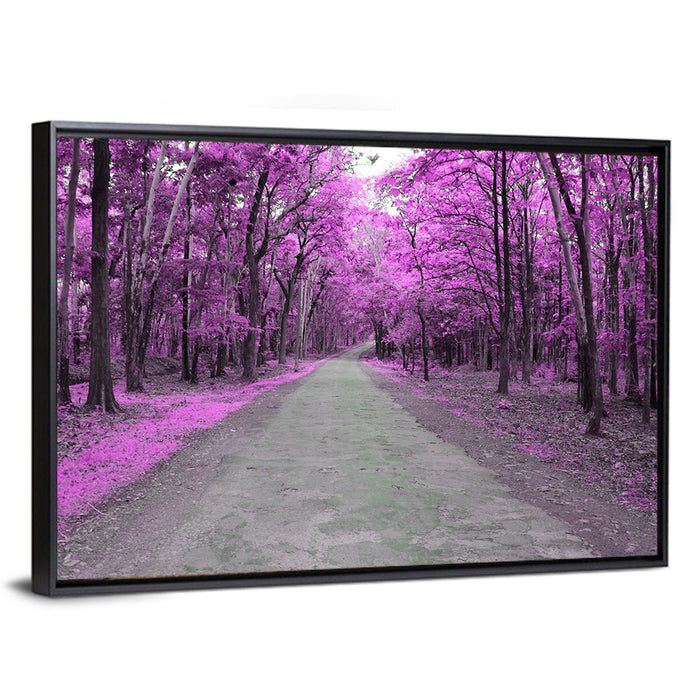 Magenta Autumn Forest Road Wall Art as a framed canvas