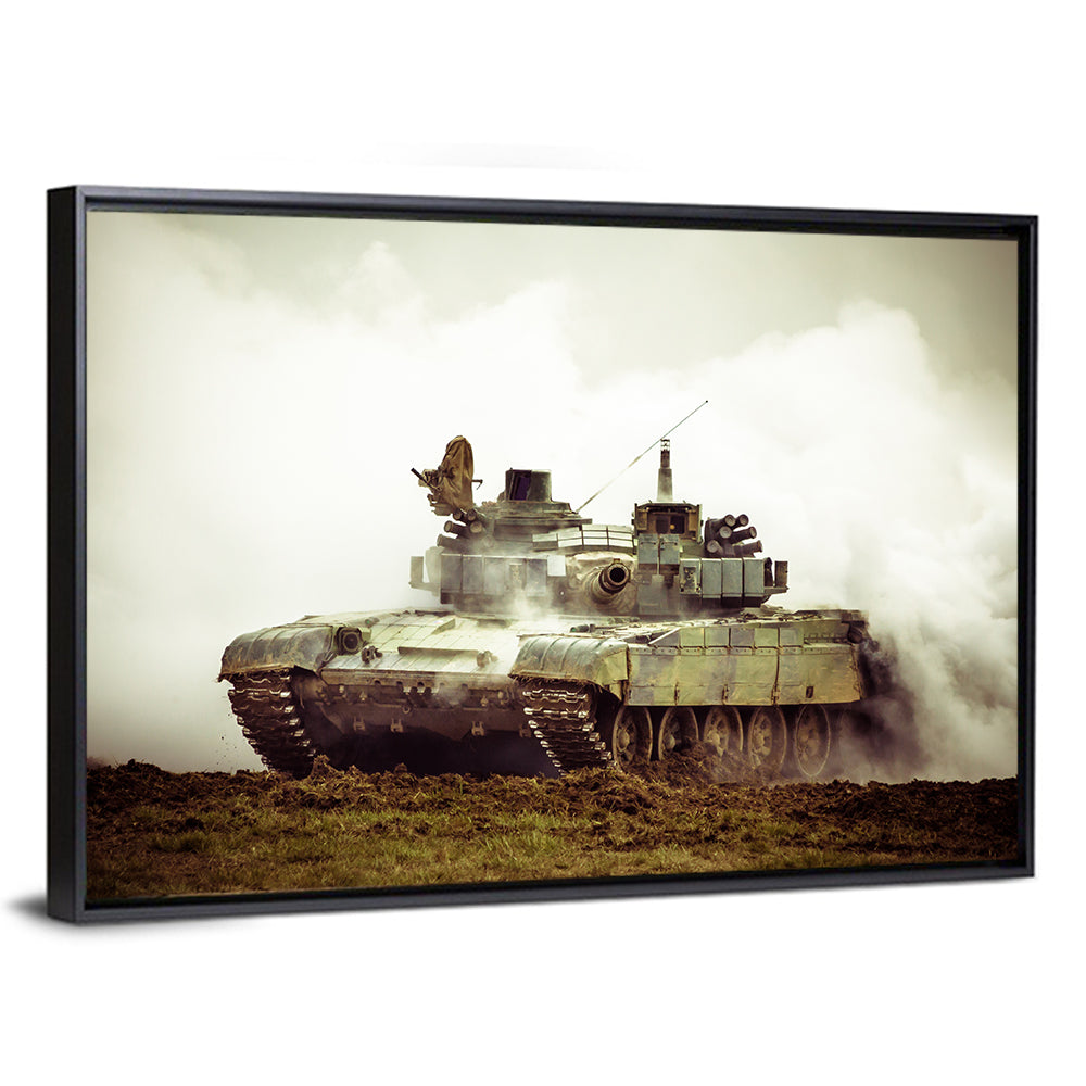 Camouflaged Battle Tank in Smoke Wall Art