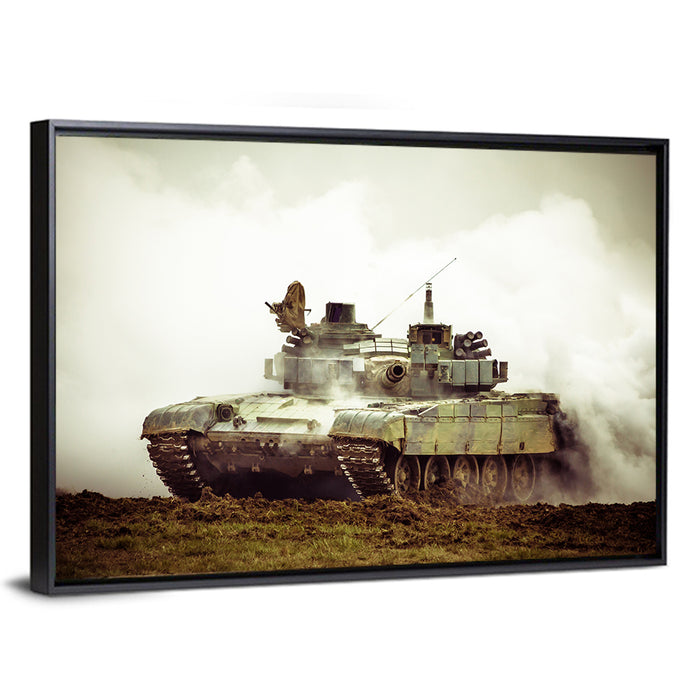 Camouflaged Battle Tank in Smoke Wall Art as a framed canvas