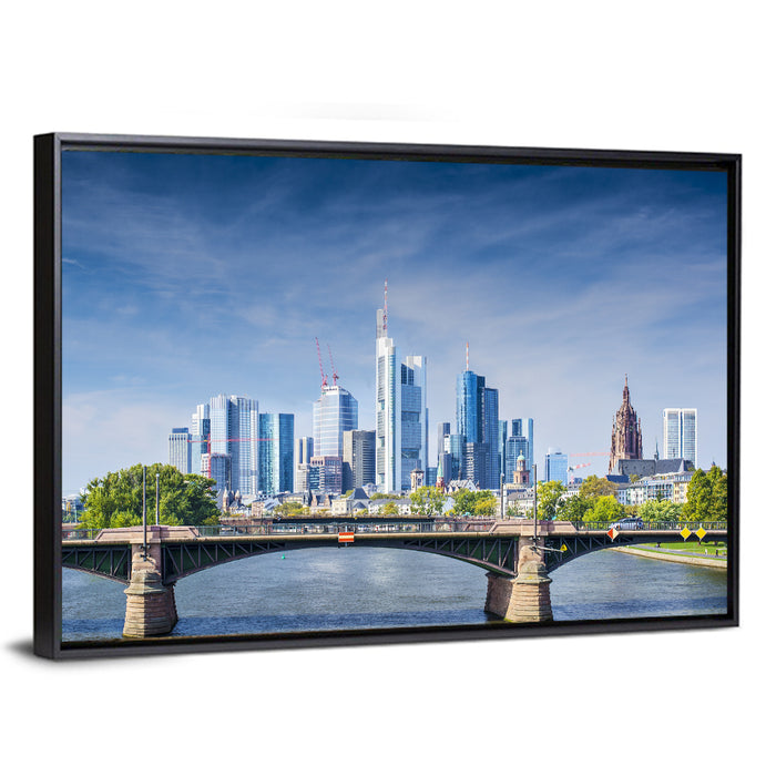Frankfurt Skyline with Eiserner Steg Wall Art as a framed canvas