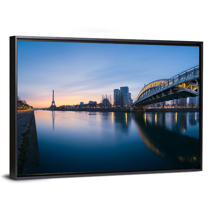 Eiffel Tower Golden Hour Reflection Wall Art as a framed canvas