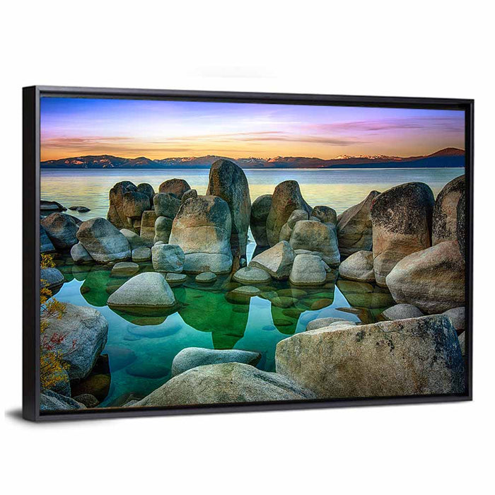 Lake Tahoe Rocky Shoreline at Dusk Wall Art as a framed canvas