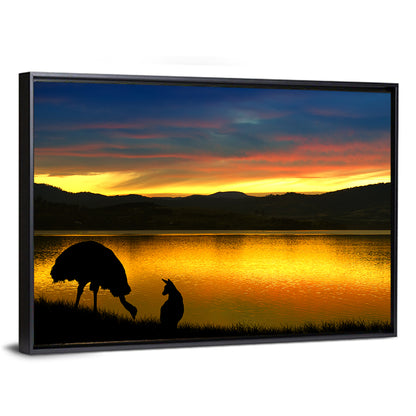 Kangaroo and Emu at Lake Sunset Wall Art