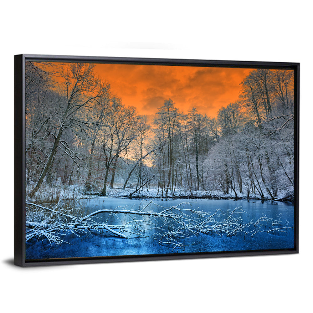 Sunset Over Winter Forest Lake Wall Art