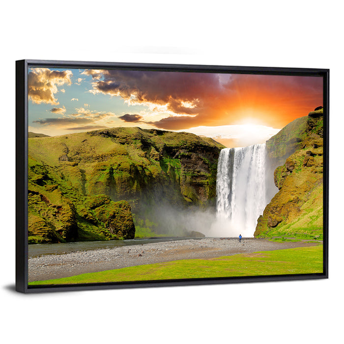 Skógafoss at Sunset Wall Art as a framed canvas