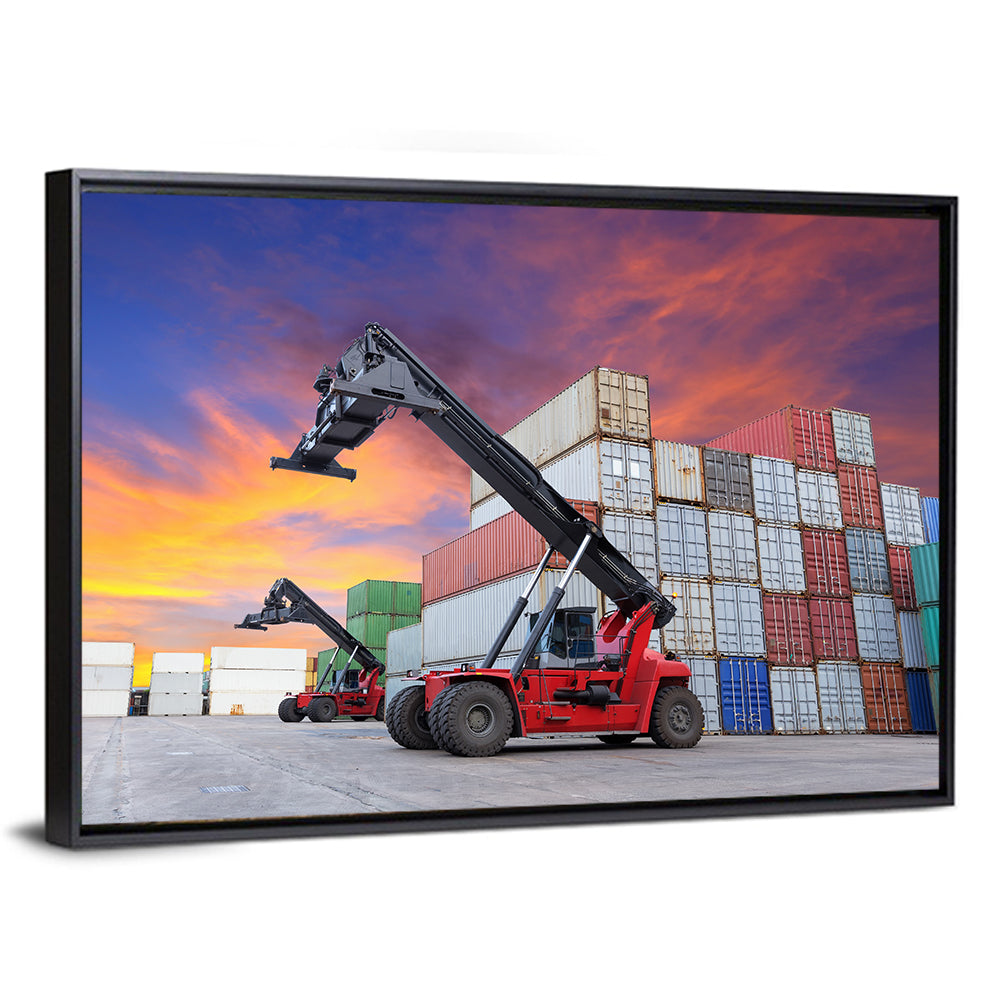 Red Reach Stackers at Sunset Wall Art