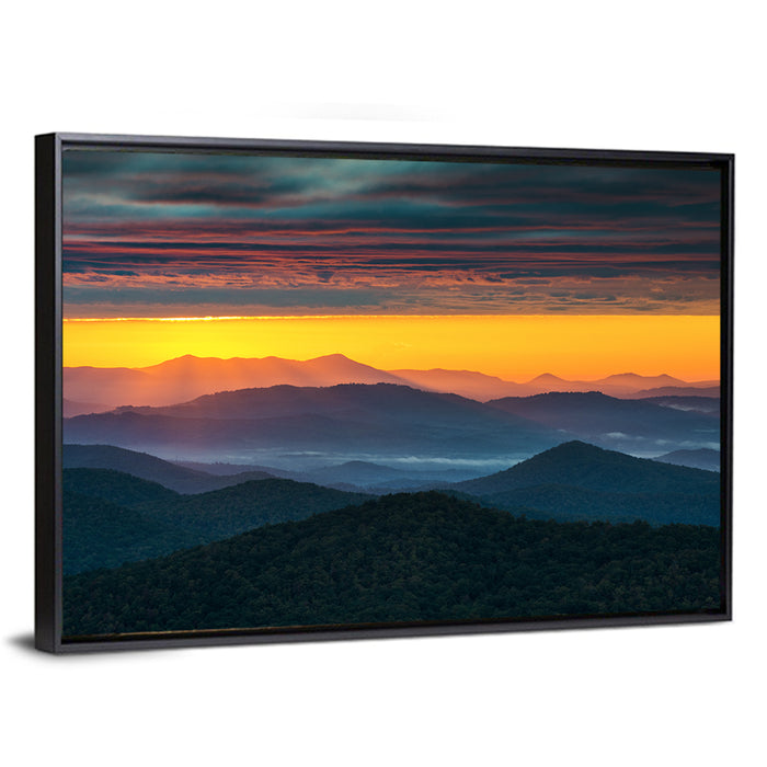 Misty Blue Ridge Sunrise North Carolina Wall Art as a framed canvas