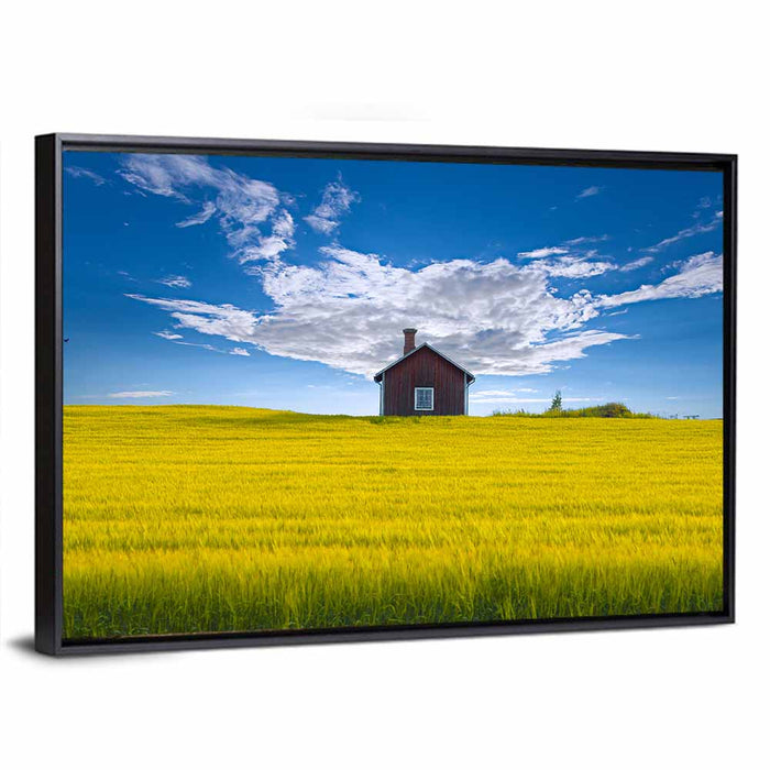 Red Barn in Golden Wheat Field Wall Art as a framed canvas