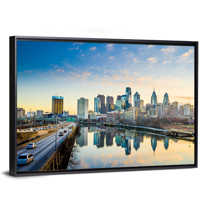 Philadelphia Skyline at Dusk Wall Art as a framed canvas