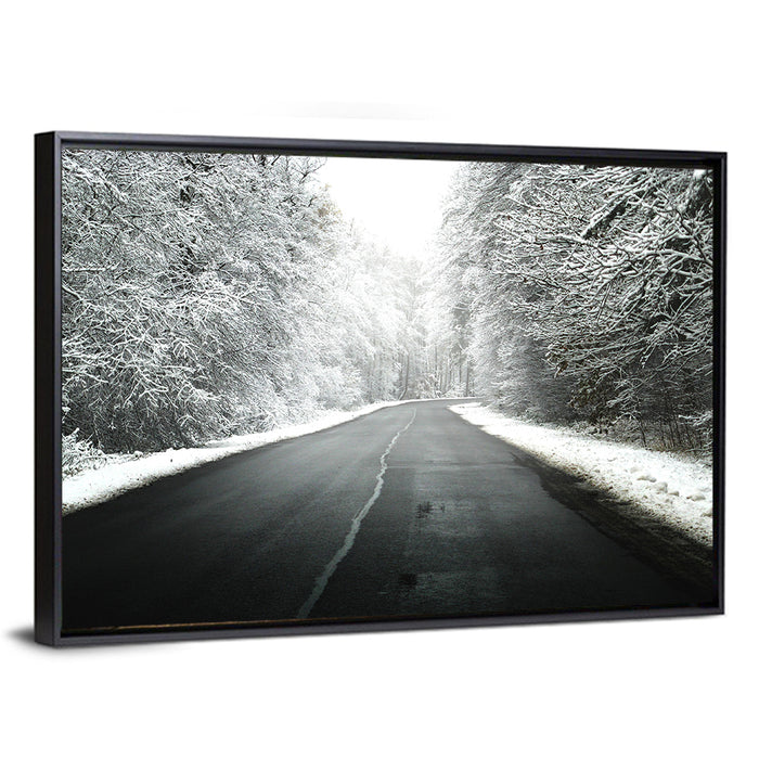 Glowing Winter Road Wall Art as a framed canvas