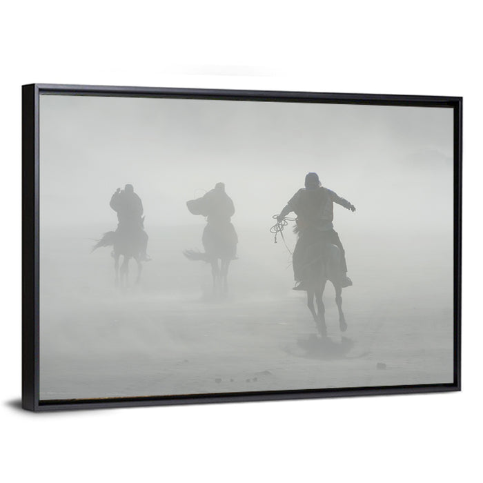 Silhouetted Horse Riders in Mist Wall Art as a framed canvas
