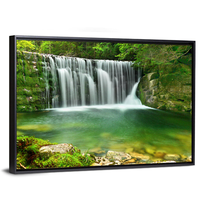 Emerald Lake Cascade Wall Art as a framed canvas