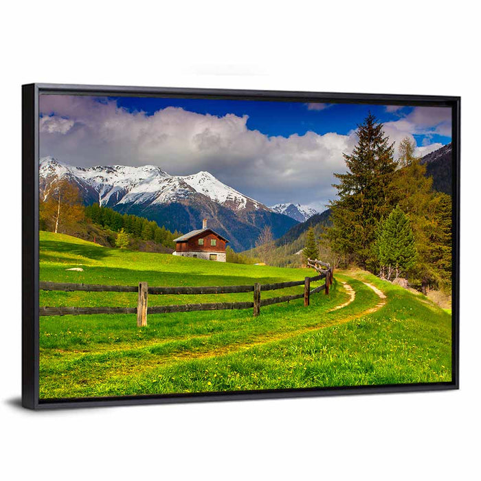 Alpine Meadow Cabin, Swiss Alps Wall Art as a framed canvas