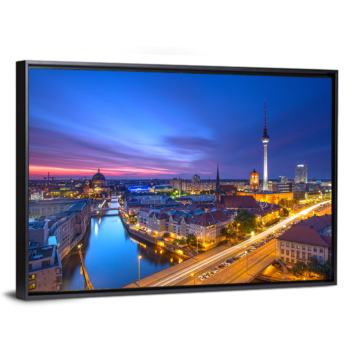 Berlin Skyline at Twilight Wall Art as a framed canvas