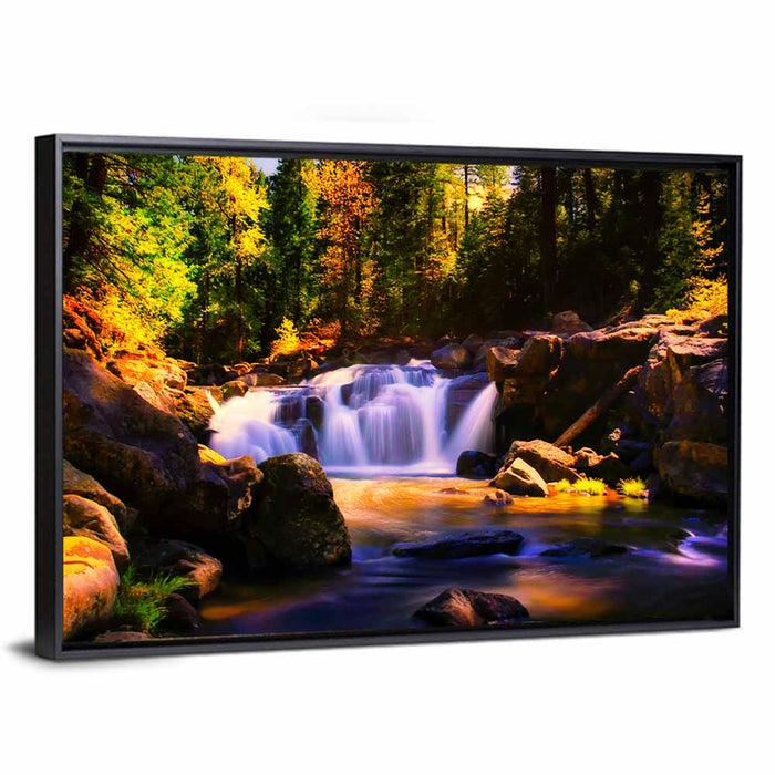 Autumn Mountain Waterfall Wall Art as a framed canvas