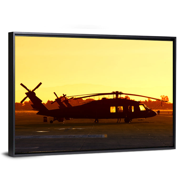 Row of Military Helicopters at Dusk Wall Art as a framed canvas