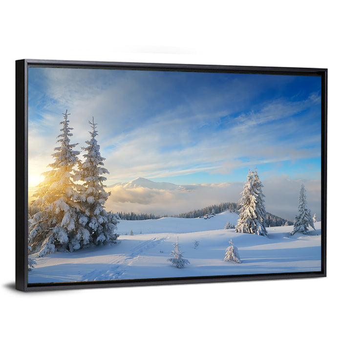 Carpathian Winter Sunrise Wall Art as a framed canvas