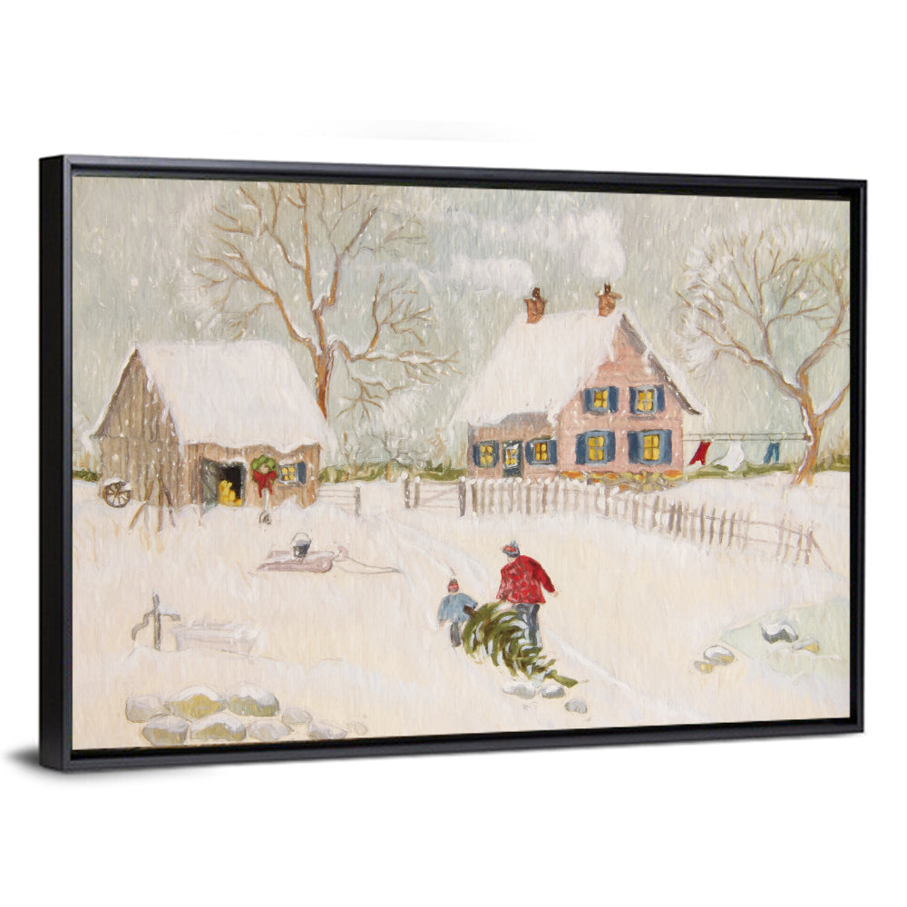 Winter Farm Scene Illustration Wall Art