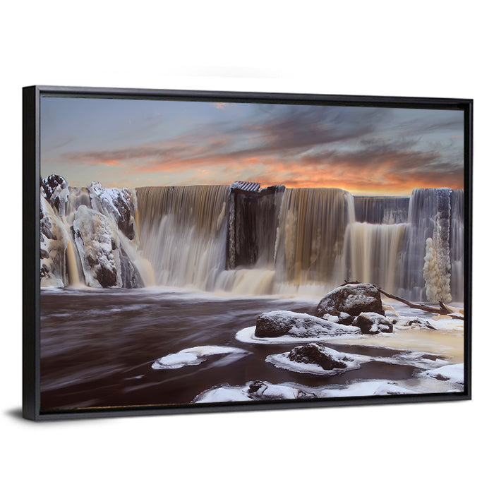 Frozen Waterfall at Sunset Wall Art as a framed canvas