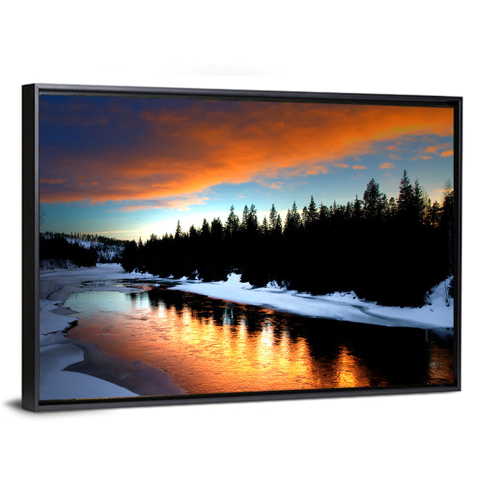 Golden Sunset Over Snowy River Wall Art as a framed canvas