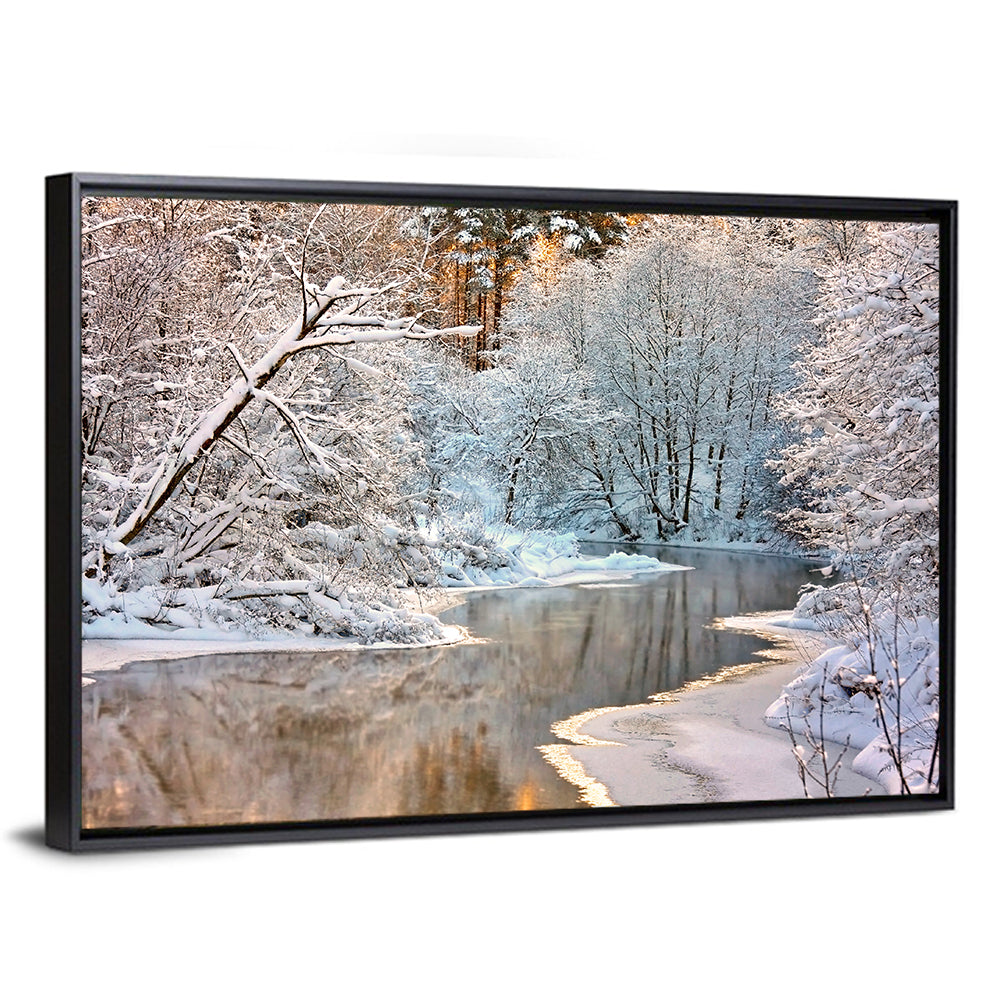 Snow-covered Stream at Golden Hour Wall Art
