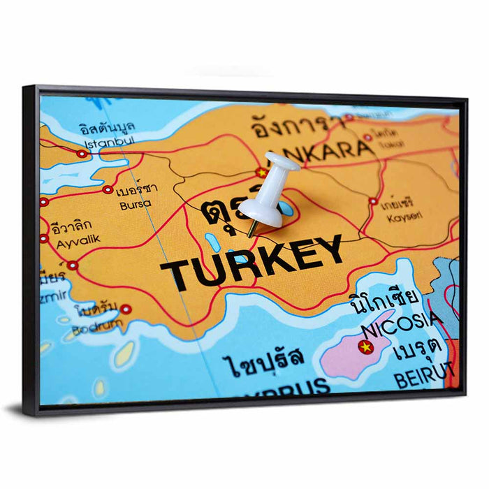 Turkey Map with Ankara Pin Wall Art as a framed canvas