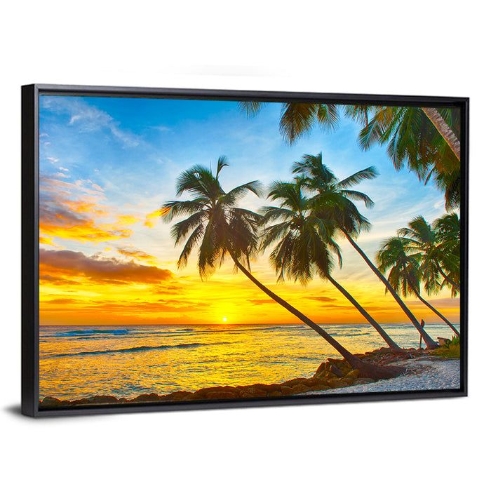 Palm Island Sunset Wall Art as a framed canvas