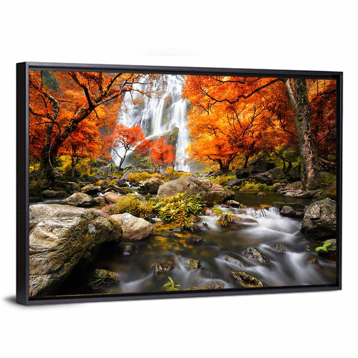 Autumn Forest Waterfall Wall Art as a framed canvas