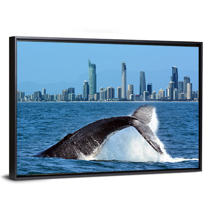 Gold Coast Whale and Skyline Wall Art as a framed canvas