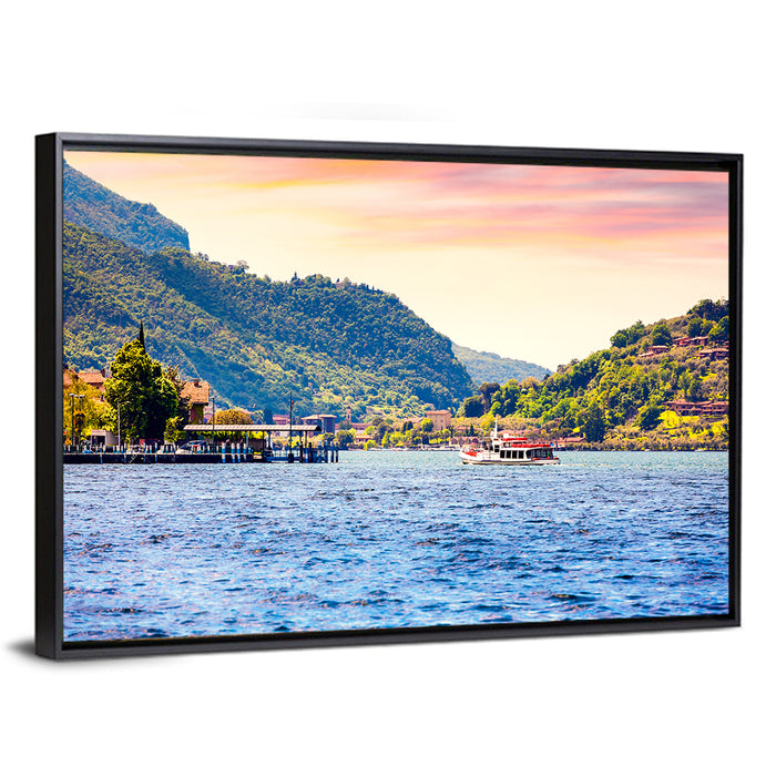 Lake Iseo Morning Harbor Wall Art as a framed canvas