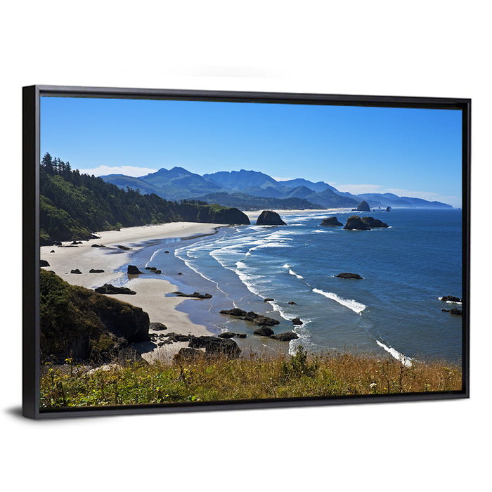Cannon Beach Morning Shoreline Wall Art as a framed canvas