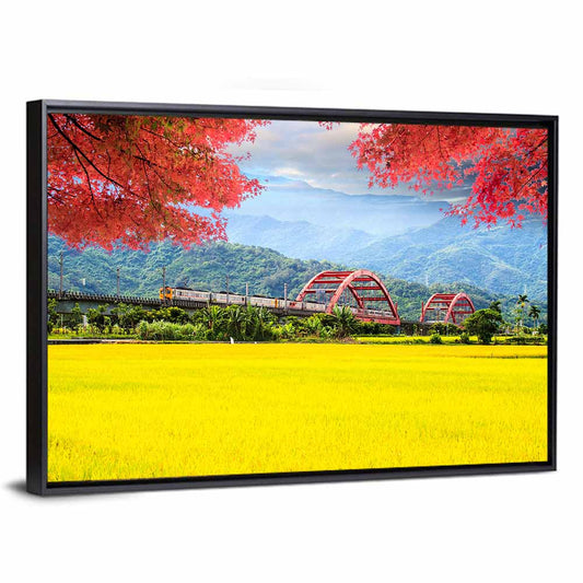 Autumn Train Over Taiwan Rice Fields Wall Art