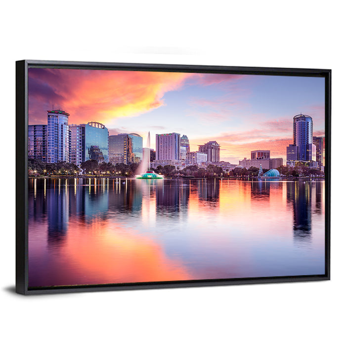 Lake Eola Sunset Orlando Wall Art as a framed canvas