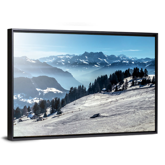 Sunlit Alpine Ski Slope Wall Art as a framed canvas
