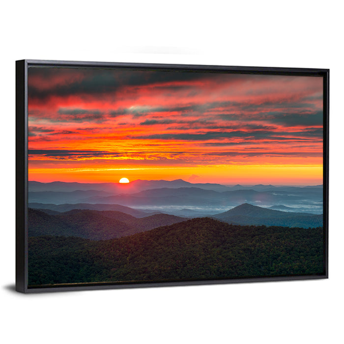 Blue Ridge Sunrise Over Misty Ridges Wall Art as a framed canvas