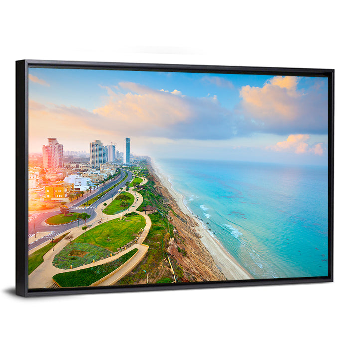 Netanya Coastline at Golden Hour Wall Art as a framed canvas