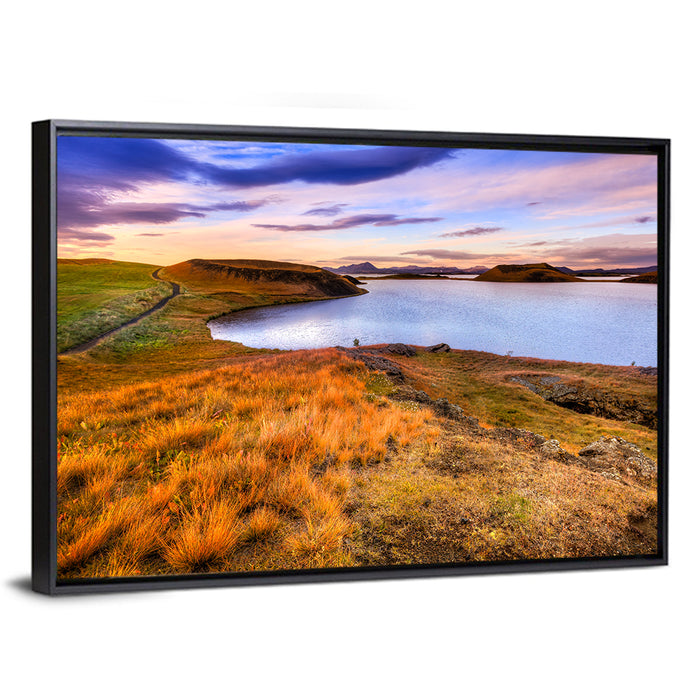 Sunset Over Lake Myvatn Wall Art as a framed canvas