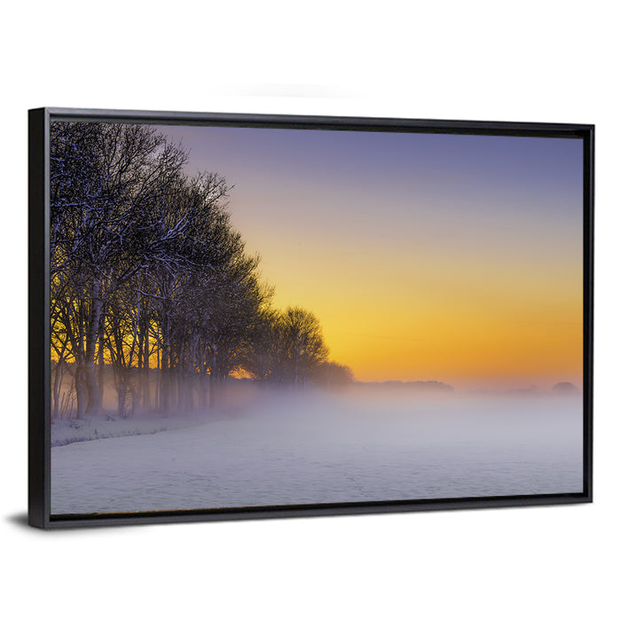 Winter Fog at Sunset Wall Art as a framed canvas
