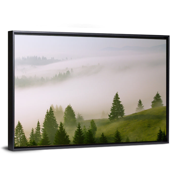 Summer Mist Over Green Hills Wall Art as a framed canvas