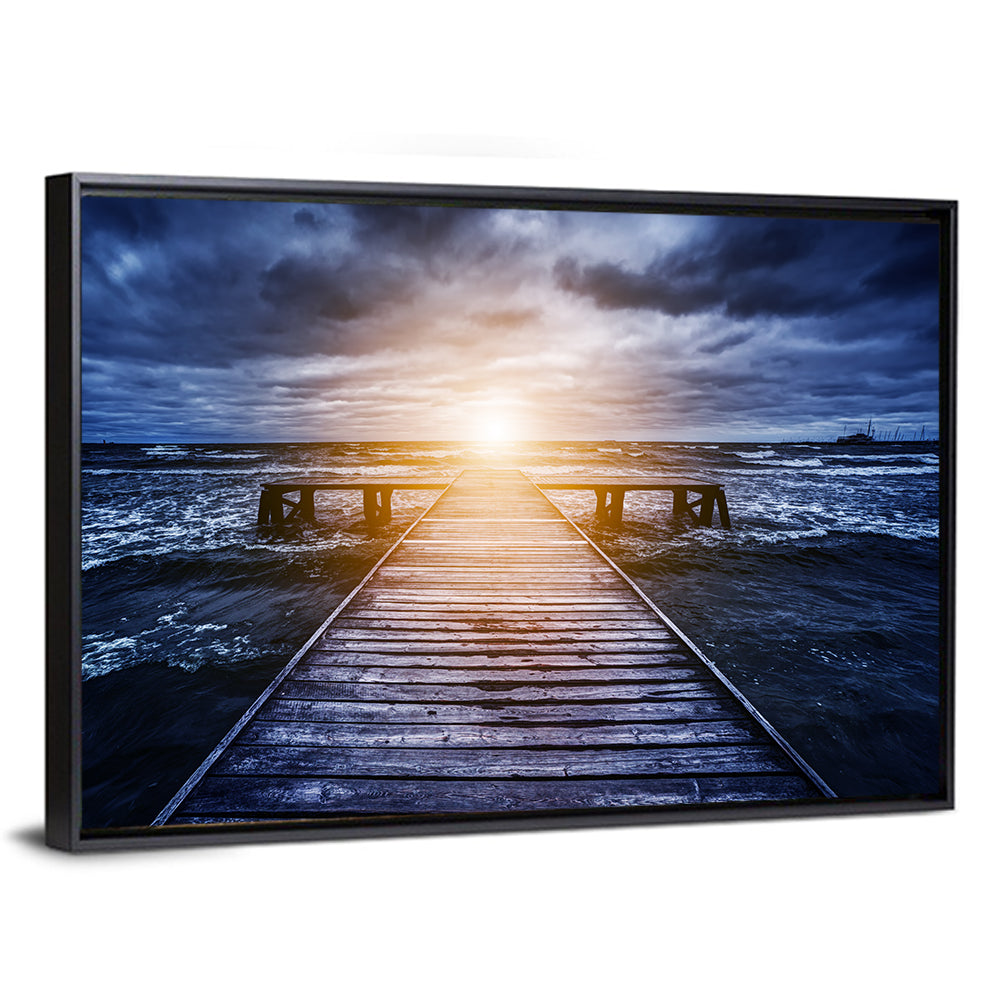 Sunlit Wooden Jetty at Dusk Wall Art