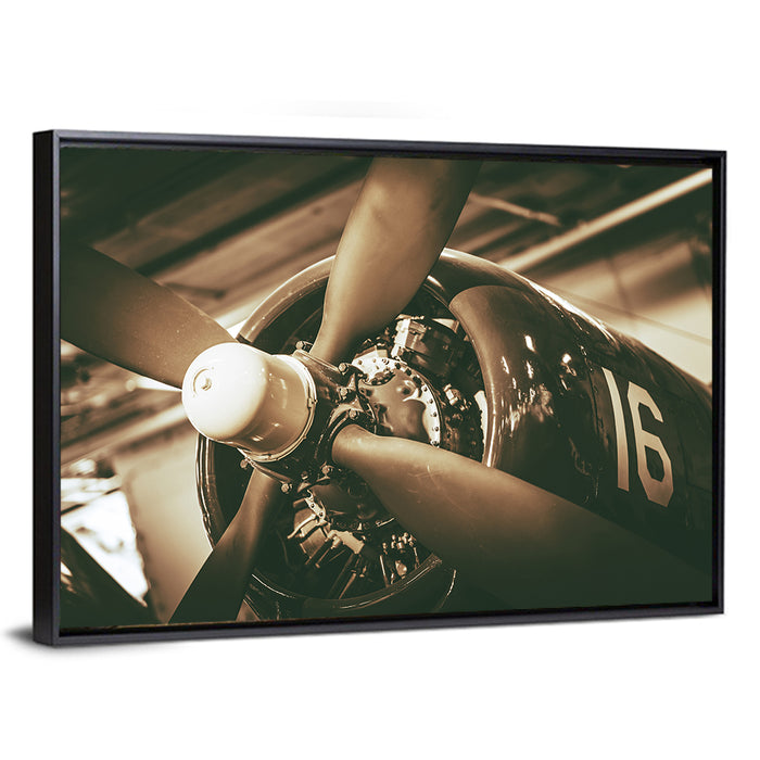 Vintage Military Propeller Plane Wall Art as a framed canvas