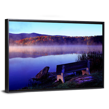 Bench at Misty Lake Sunrise Wall Art