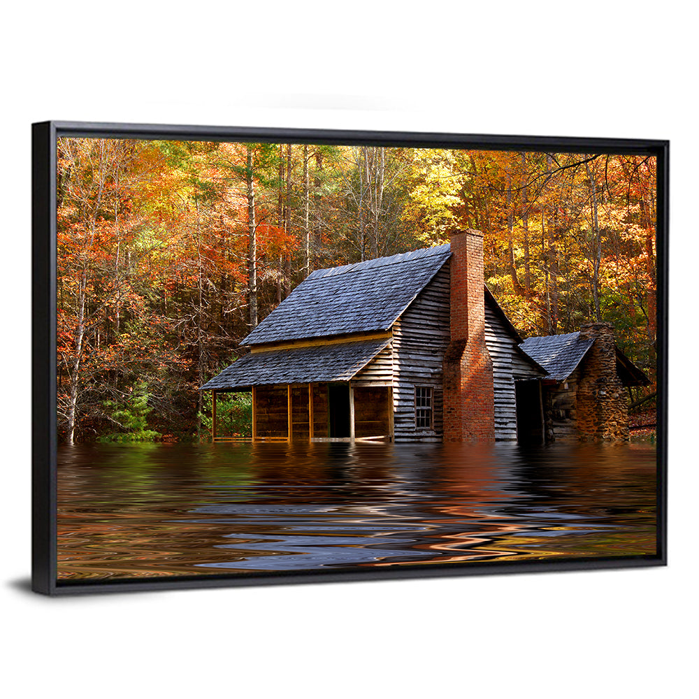 Autumn Flooded Log Cabin Wall Art