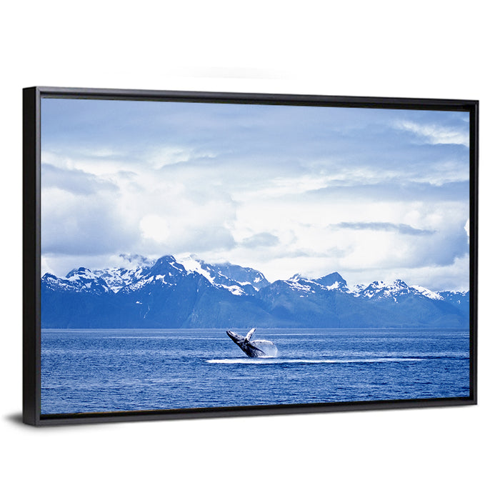 Humpback Whale with Snow Capped Mountains Wall Art as a framed canvas