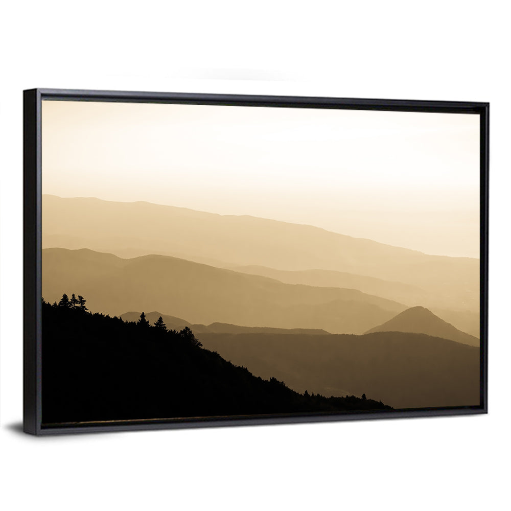 Foggy Mountain Sunset with Evergreen Silhouettes Wall Art